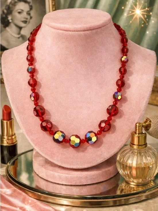 ✨ Vintage Ruby Red Aurora Borealis Crystal Necklace | Faceted Statement Glam - Picture 1 of 5